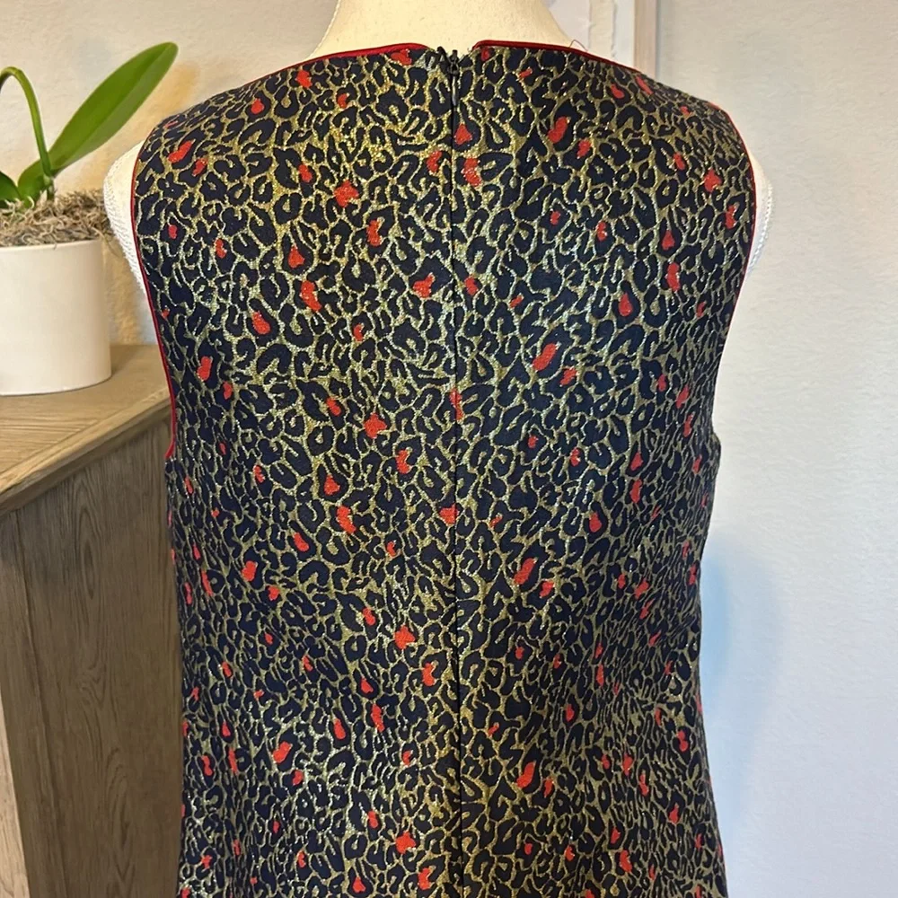 Betsey Johnson | Navy Red Gold Jacquard Leopard Print Shift Dress | 8 - Picture 12 of 16